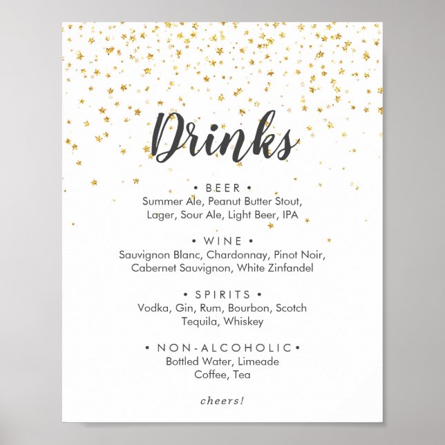 Affiche Panneau du menu Gold Confetti Mariage Boissons (Devant)