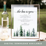 Affiche Panneau du menu Mariage de la barre de bois<br><div class="desc">Un service de massage en chambre, une literie hypoallergénique et un service de réveil par téléphone sont disponibles sur demande. L'affiche 11x14 présente une bordure inférieure de pins d'aquarelle dans des tons riches de chasseur et vert de forêt, avec "le bar est ouvert" en script de calligraphie noir et en...</div>