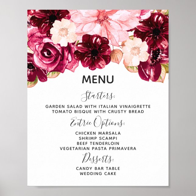 Affiche Panneau du menu Mariage Floral Bourgogne et rose (Devant)