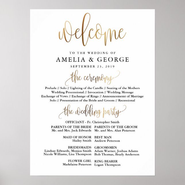 Affiche Panneau du programme de mariage Gold Black Welcome (Devant)
