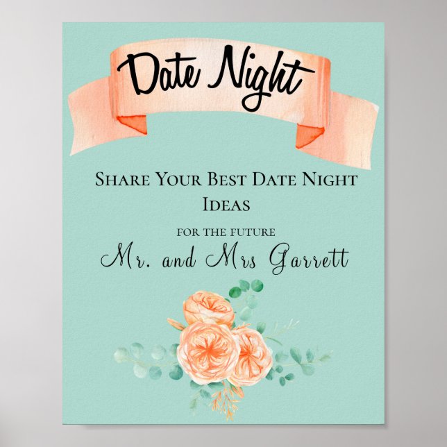 Affiche Panneau élégant de nuit de date au vert eucalyptus (Devant)