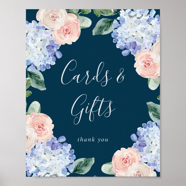 Affiche Panneau élégant Hydrangea Bleu Marine Cartes et Ca (Devant)