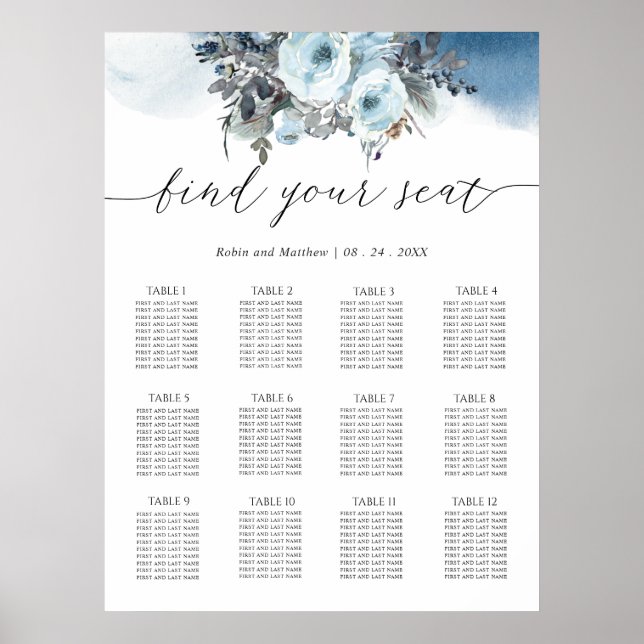 Affiche Panneau élégant Mariage floral bleu (Devant)