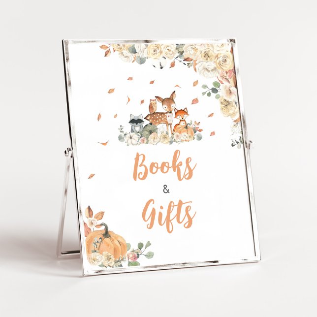 Affiche Panneau Fleurs Animaux de la Forêt Livres et Cadea (Floral Woodland Animals Baby Shower Books and Gifts Sign)