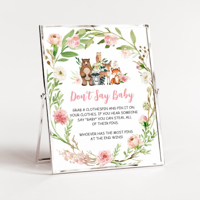 Affiche Panneau Fleurs Roses Forêt 'Ne dis pas bébé' (Girl Woodland Animals Baby Shower Don't Say Baby Sign)