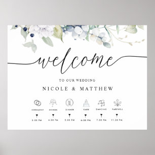 Affiche Panneau floral bleu blanc de bienvenue de mariage