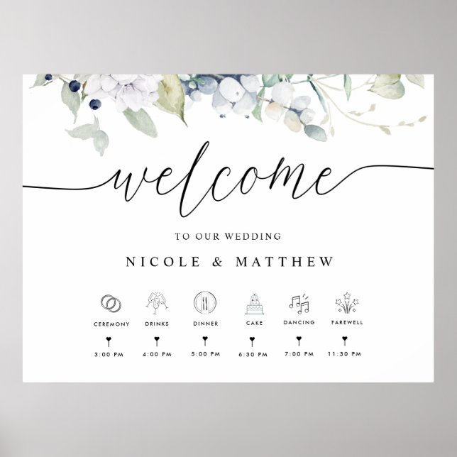 Affiche Panneau floral bleu blanc de bienvenue de mariage  (Devant)