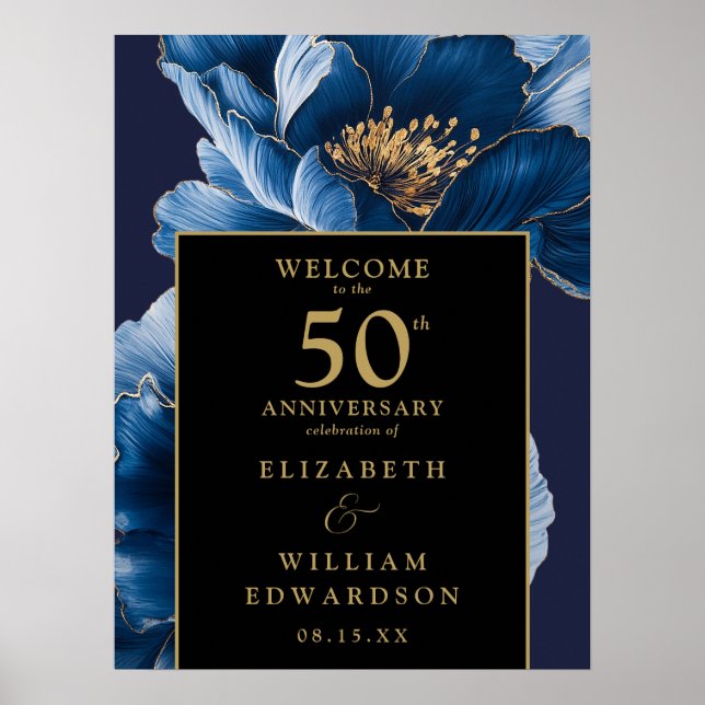 Affiche Panneau Floral Bleu Noir Et Or 50ème Anniversaire (Devant)