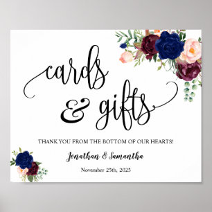 Affiche Panneau floral de réception de mariage naval Carte