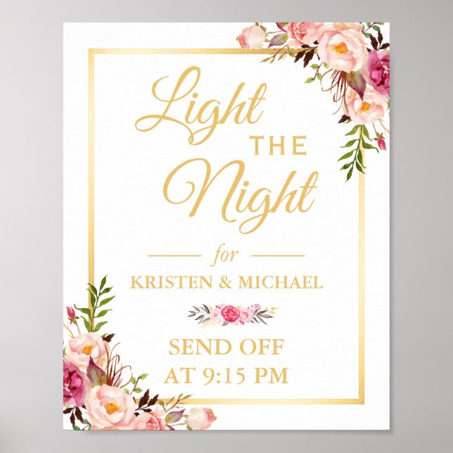 Affiche Panneau Floral Gold Frame Light the Night Mariage (Devant)