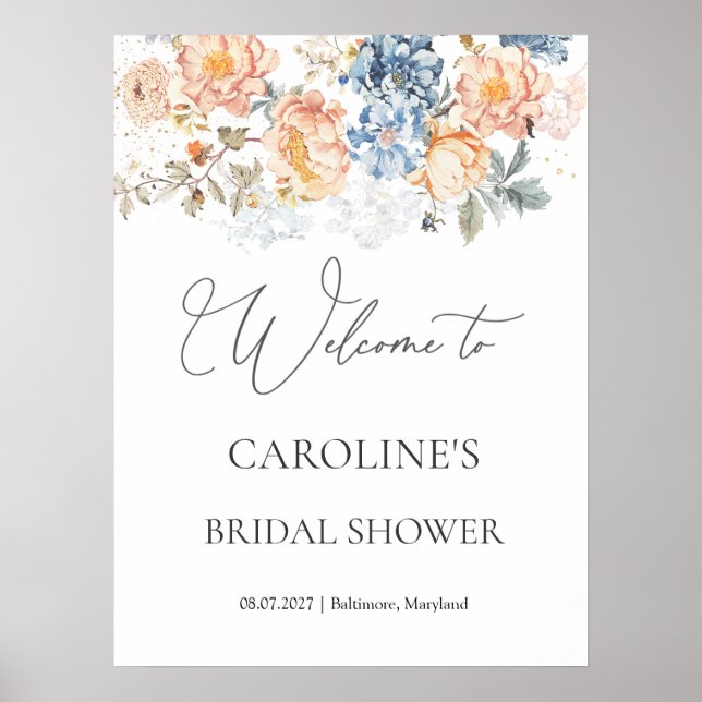 Affiche Panneau Floral Peach Blush Blue Fête des mariées (Devant)