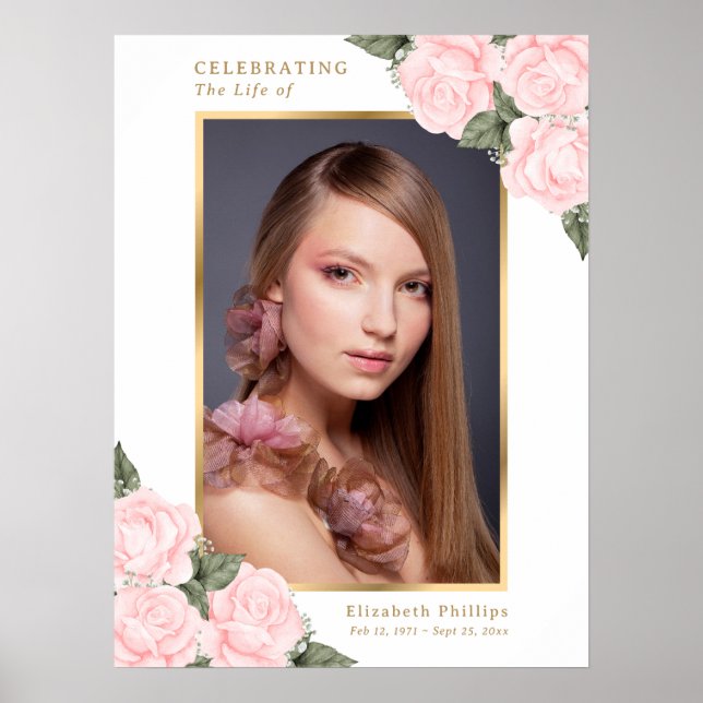 Affiche Panneau funéraire de photo florale rose doré (Devant)