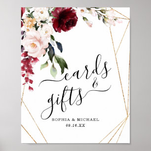 Affiche Panneau Gold Frame Bourgogne Floral Cartes et Cade