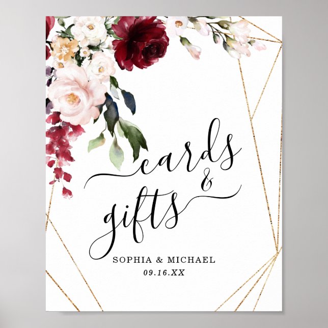 Affiche Panneau Gold Frame Bourgogne Floral Cartes et Cade (Devant)