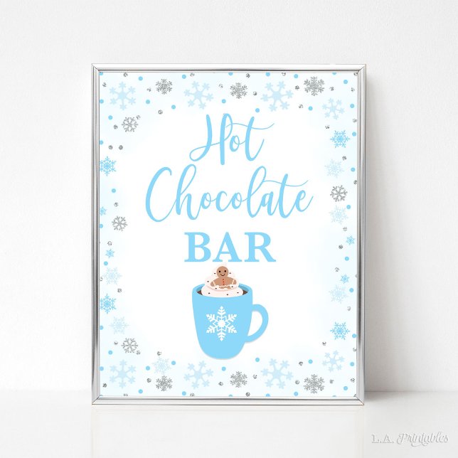 Affiche Panneau Hot Chocolat Bar Winter Blue Snowflakes (Hot Chocolate Bar Sign, Winter Blue & Silver Glitter Snowflakes Theme)
