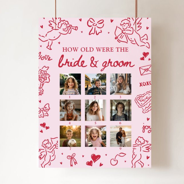Affiche Panneau « How Old Were Bride & Groom » Dessiné à l (Pink Hand Drawn How Old Were Bride & Groom Sign)