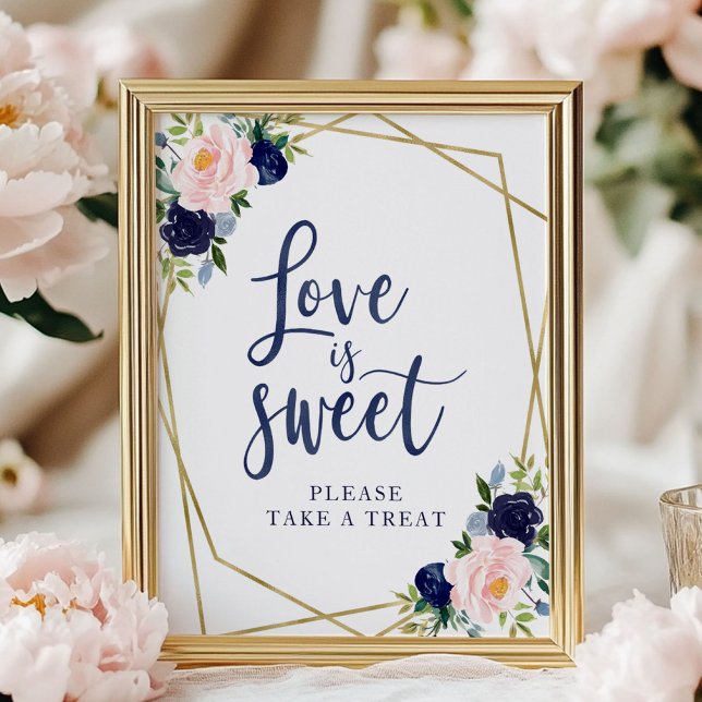 Affiche Panneau Love Is Sweet Fleurs Or Bleu Marine (Créateur téléchargé)