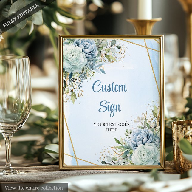 Affiche Panneau Mariage Boho Dusty Blue Floral Gold Frame (Boho Dusty Blue Floral Gold Frame Wedding Sign)