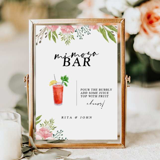 Affiche Panneau Mariage Carnation Floral Script Mimosa Bar (Créateur téléchargé)