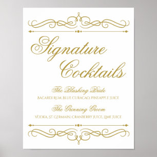 Affiche Panneau Mariage Cocktails   Gold Swirl Calligraphy