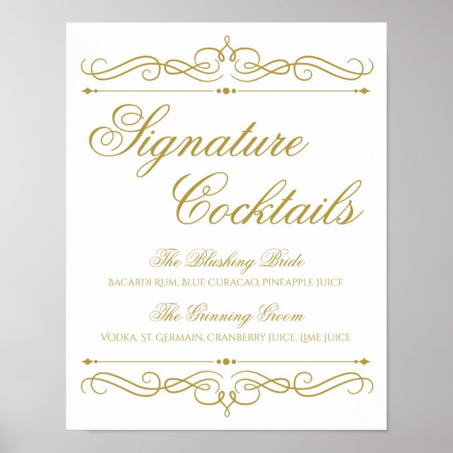 Affiche Panneau Mariage Cocktails | Gold Swirl Calligraphy (Devant)