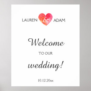 Affiche Panneau mariage d'accueil watercolo coeur, noms pe