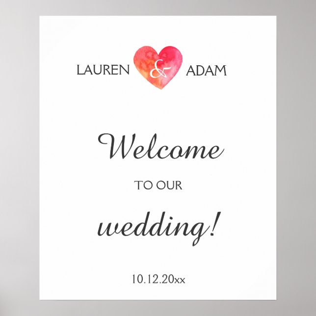 Affiche Panneau mariage d'accueil watercolo coeur, noms pe (Devant)
