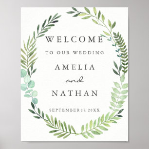 Affiche Panneau Mariage de bienvenue Aquarelle Feuille ver