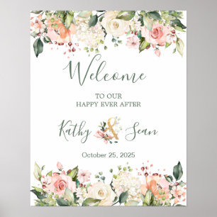 Affiche Panneau Mariage de bienvenue, aquarelle rose abric