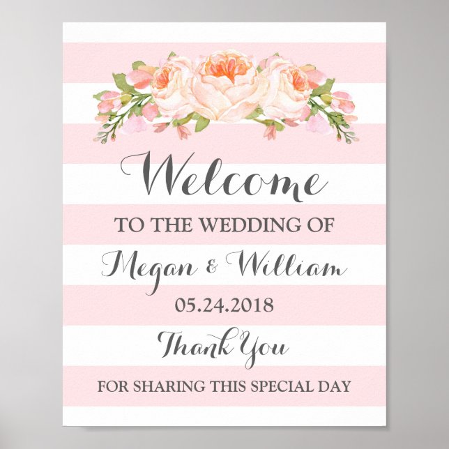 Affiche Panneau Mariage de bienvenue Fleurs roses Grandes (Devant)