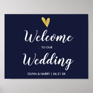 Affiche Panneau Mariage de bienvenue Gold Heart Marine