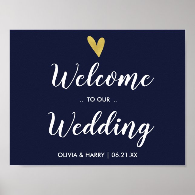 Affiche Panneau Mariage de bienvenue Gold Heart Marine (Devant)