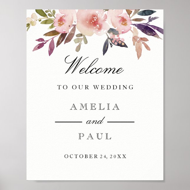 Affiche Panneau Mariage de bienvenue Pink Watercolor Peoni (Devant)