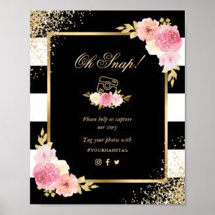 Affiche Panneau Mariage de médias sociaux Black Gold Rose