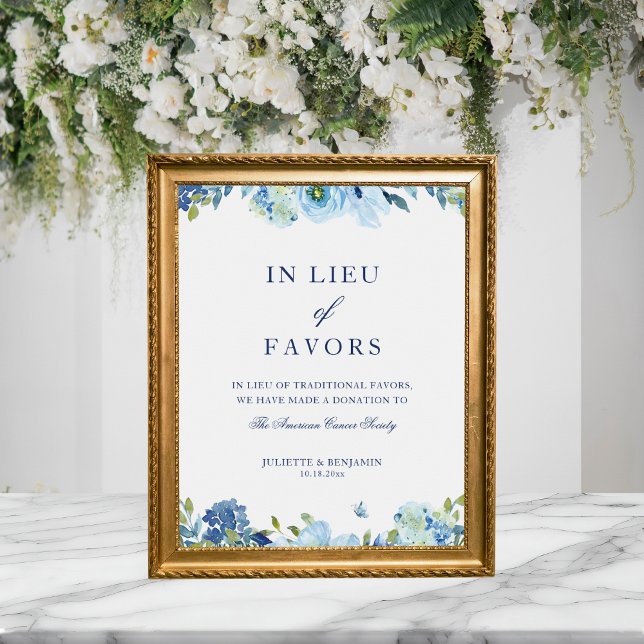 Affiche Panneau Mariage Dusty Blue Floral en remplacement  (Elegant, vintage, dusty blue, floral In Lieu of Favors wedding sign)