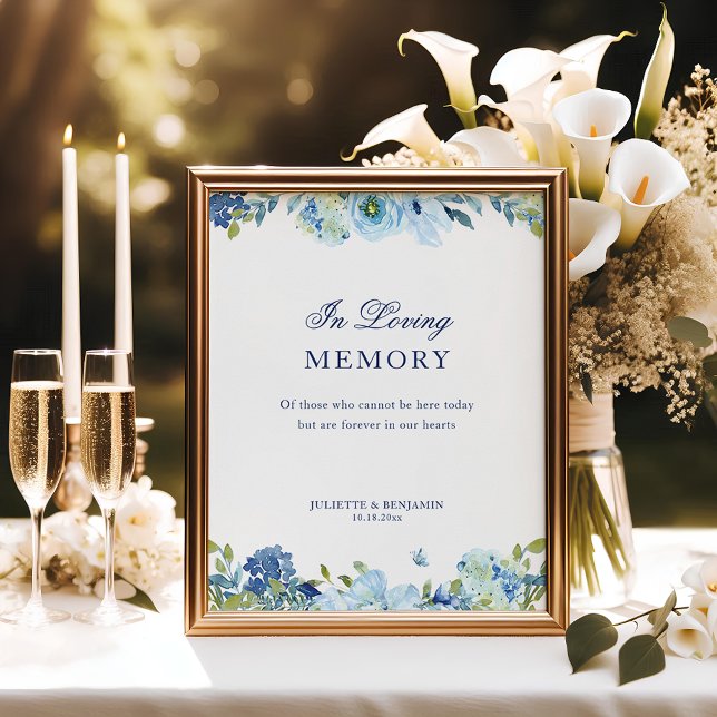 Affiche Panneau Mariage Dusty Blue Floral In Love Memory (Dusty blue, floral In Loving Memory wedding memorial sign)