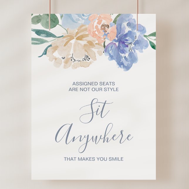 Affiche Panneau Mariage Dusty Blue Florals (Dusty Blue Florals Sit Anywhere Wedding Sign)