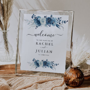Affiche Panneau mariage floral bleu aquarelle