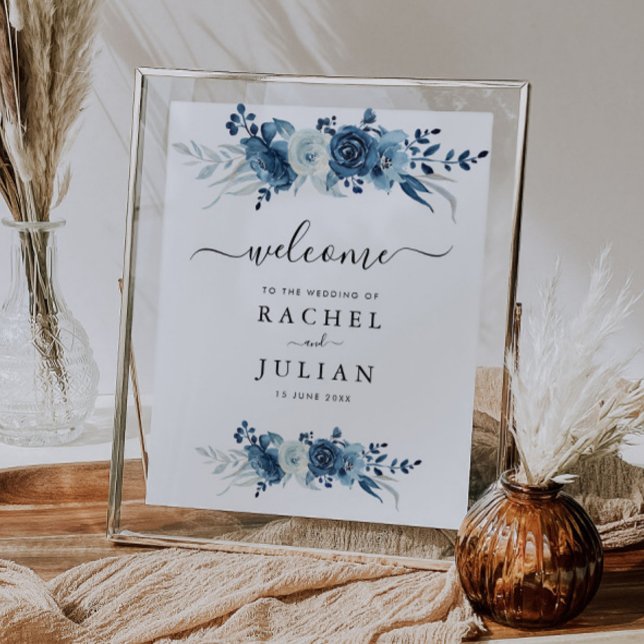 Affiche Panneau mariage floral bleu aquarelle (Créateur téléchargé)