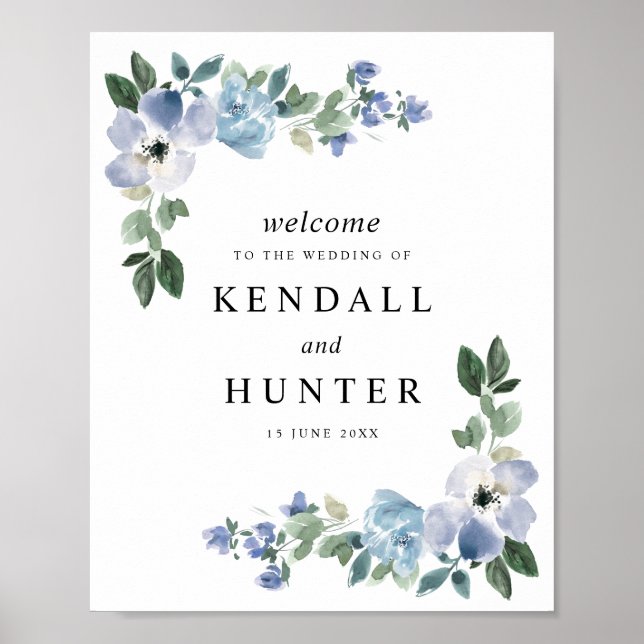 Affiche Panneau mariage floral bleu et vert (Devant)