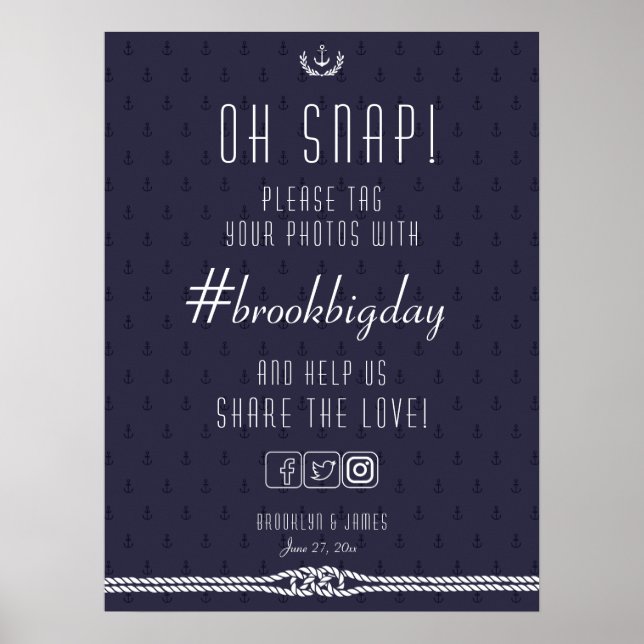 Affiche Panneau Mariage nautique 18x24 Ancres bleues (Devant)