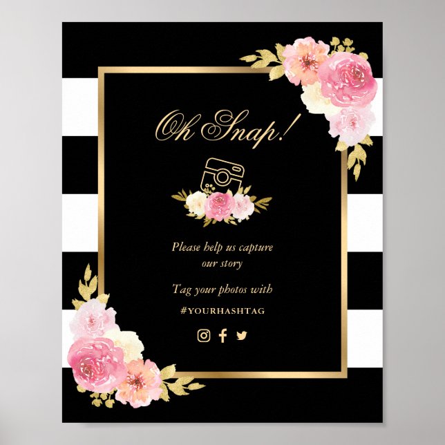 Affiche Panneau Mariage noir or rose floral Oh Snap (Devant)