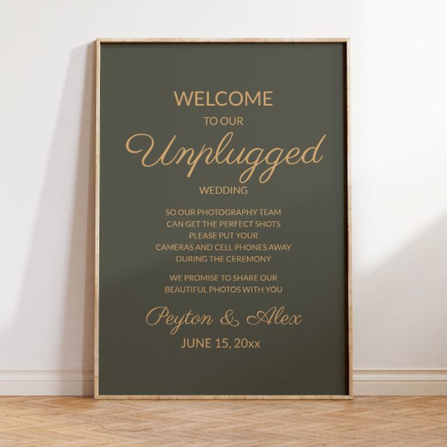 Affiche Panneau Mariage Olive Green Elegant Script débranc (Dark olive/sage green "Unplugged" wedding poster for your fall/autumn/winter wedding)