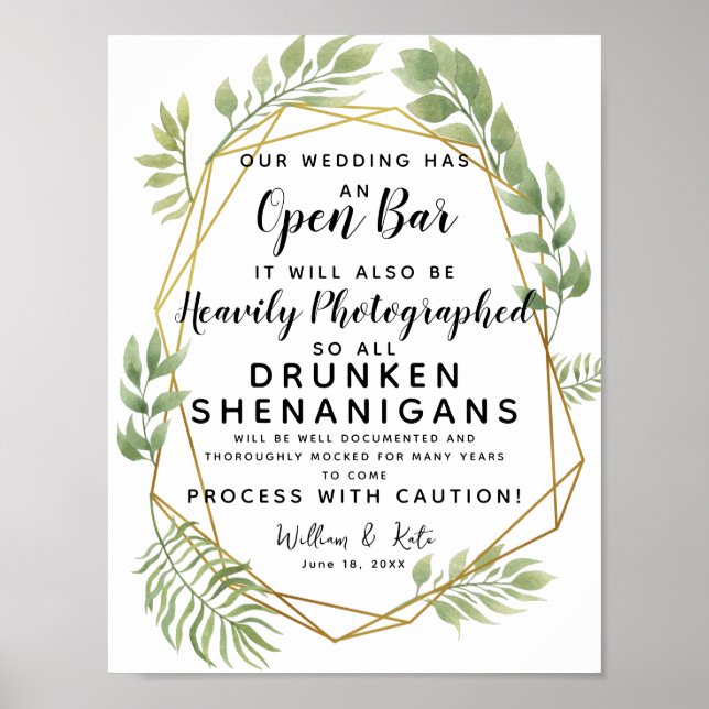 Affiche Panneau mariage Open Bar de verdure cristal (Devant)