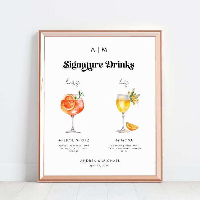 Affiche Panneau Mariage Retro Signature Boissons Cocktails (Créateur téléchargé)