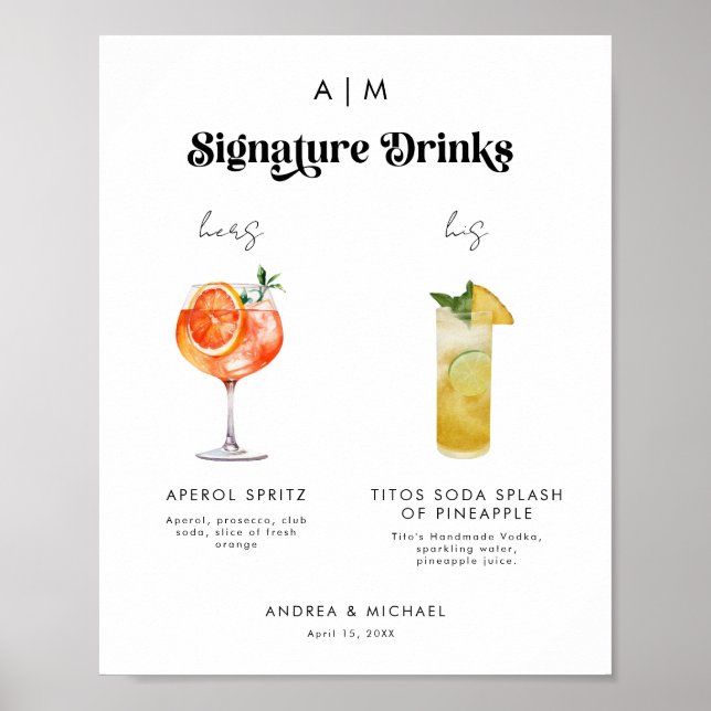 Affiche Panneau Mariage Retro Signature Boissons Cocktails (Devant)
