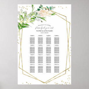 Affiche Panneau mariage Seating Chart Vert Élégant Or