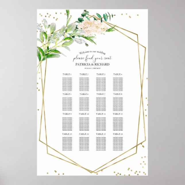 Affiche Panneau mariage Seating Chart Vert Élégant Or (Devant)