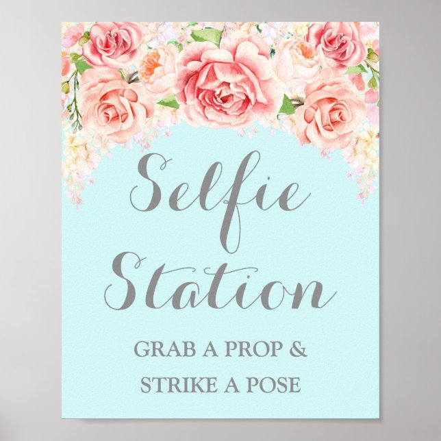 Affiche Panneau Mariage Selfie Station Aquarelle rose Bleu (Devant)