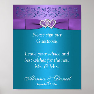 Affiche Panneau Mariage Turquoise de Coeurs Floraux violet